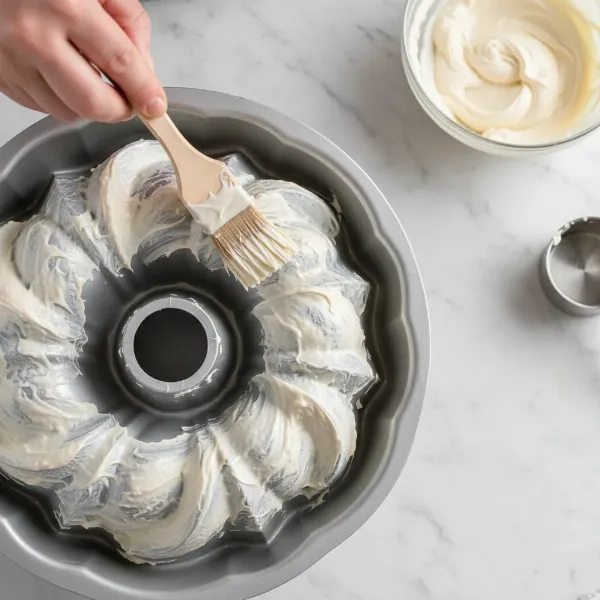 A hand brushing homemade cake release mixture onto a Bundt pan for easy cake release.