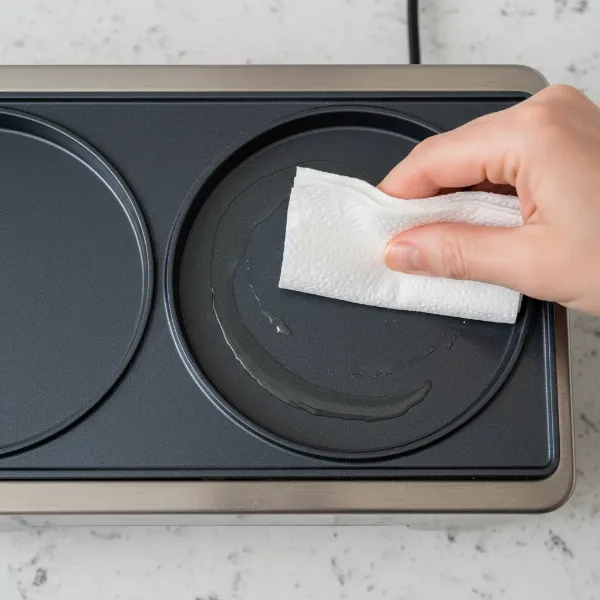 A hand applying a thin, even layer of cooking oil onto a non-stick cake maker plate with a paper towel.