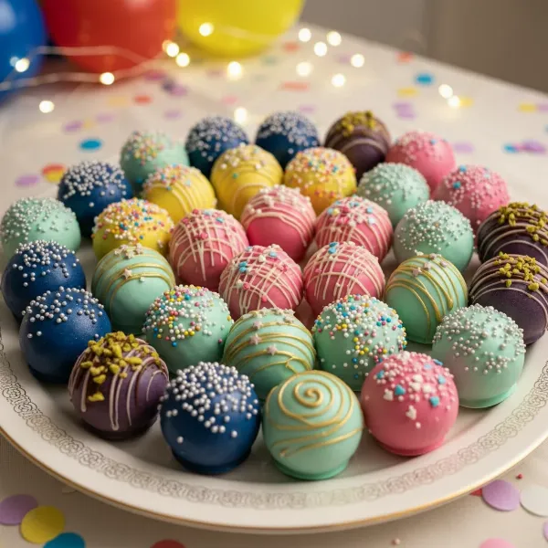 A vibrant assortment of beautifully decorated cake pops for a party or celebration.