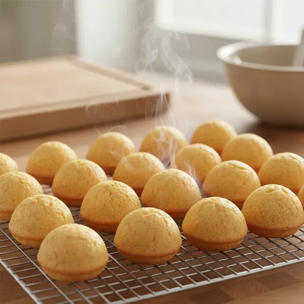Freshly baked, unadorned cake pops cooling on a wire rack.