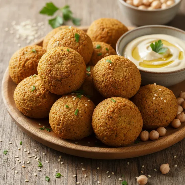 Freshly baked falafel from a cake pop maker on a serving plate with tahini sauce, healthy snack.