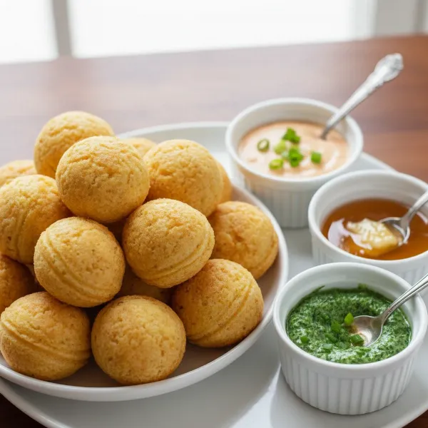 A plate of golden-brown baked hush puppies with various dipping sauces for a savory snack.