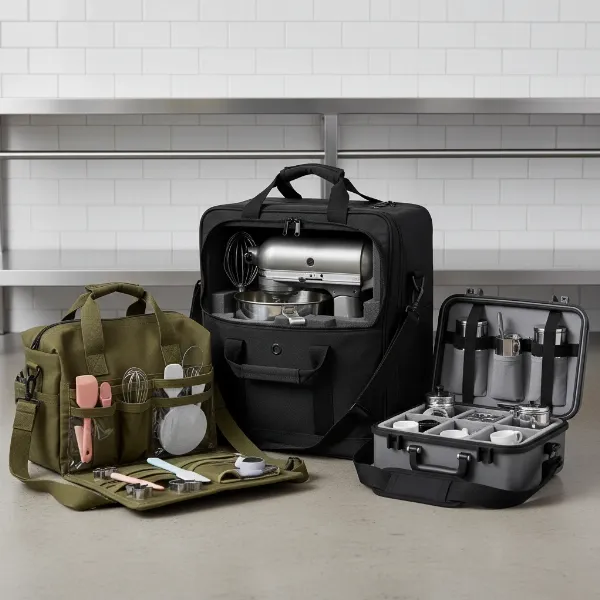 Assortment of baking equipment carrying cases, showcasing organization and portability features.