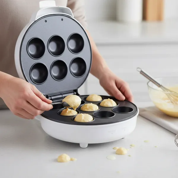 Hands placing batter into a mini cupcake maker to bake delicious tiny treats.