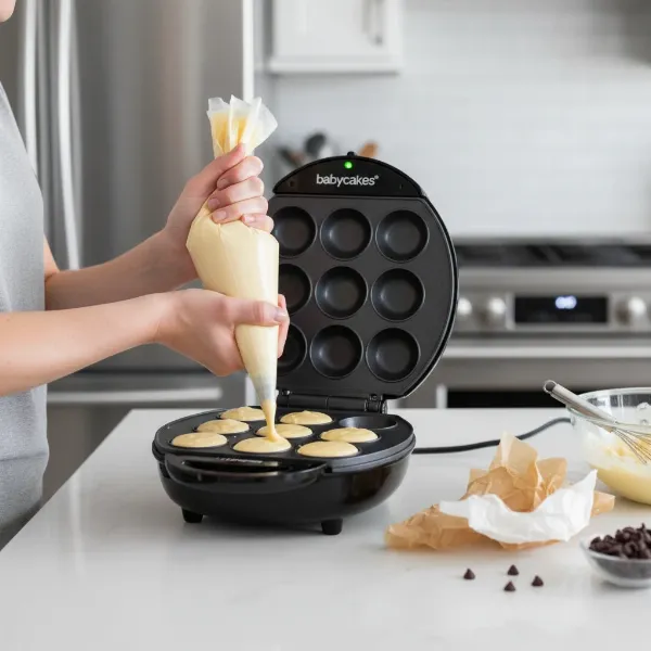 Hands pouring batter into Babycakes Multi-Treat Maker for mini cupcakes