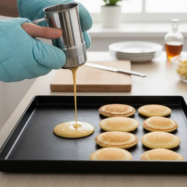 A person uses a batter dispenser to create perfectly portioned pancakes on a clean stovetop