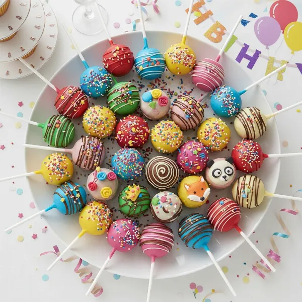 Assorted beautifully decorated cake pops on a platter, showcasing creative designs