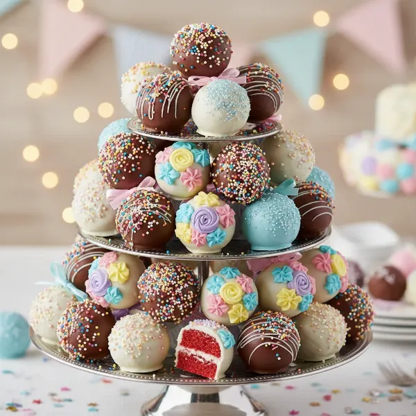 Assortment of colorful, decorated cake pops on sticks, arranged attractively.