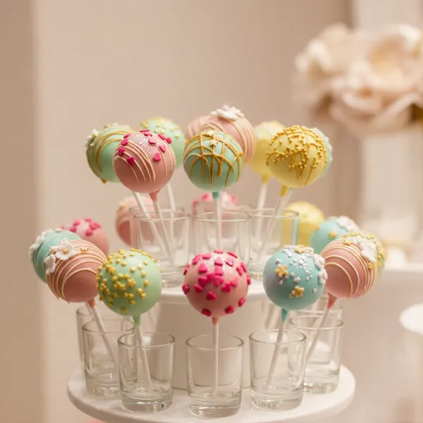 An elegant display of beautifully decorated cake pops with various creative designs and vibrant colors.