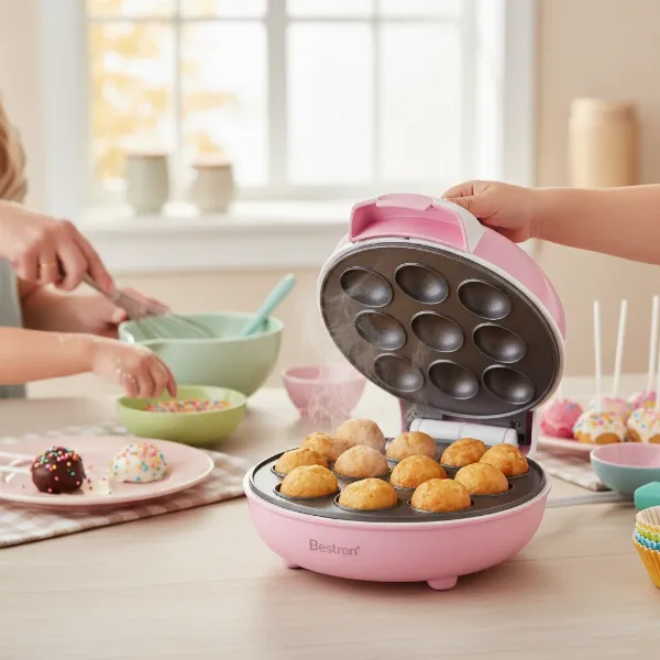 Bestron cake pop maker baking golden-brown cake pops, family fun, easy to use.