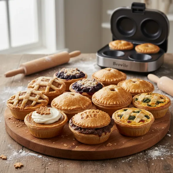 Various mini pies made in Breville Pie Maker, sweet and savory, ready to serve.