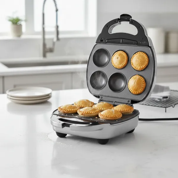 Breville Quick & Easy Pie Maker with 8 individual pies, golden brown, on a kitchen counter.