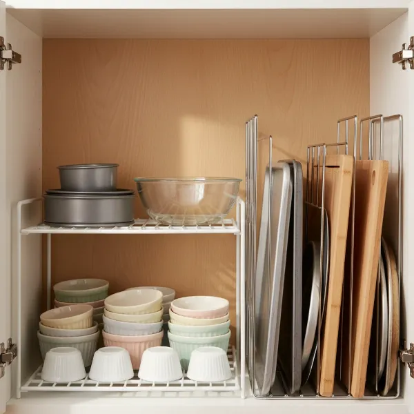 Kitchen cabinet with shelf risers, vertical dividers, organized bakeware, bowls, and small cake pans