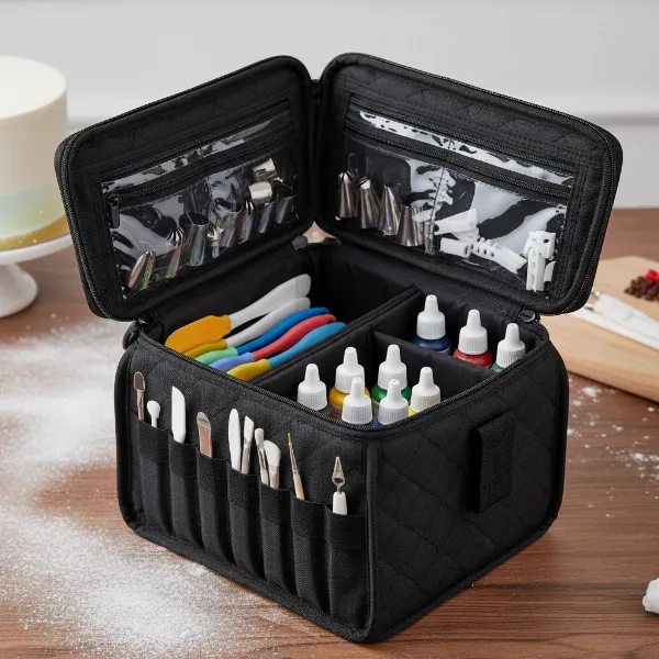Close-up of a cake decorating tool organizer bag with customizable, clear compartments and various tools.