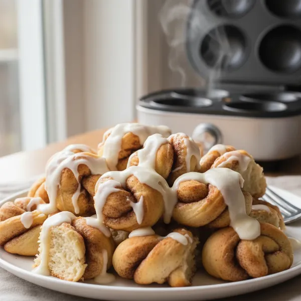 Warm, golden brown cinnamon roll bites drizzled with white icing, served on a plate.