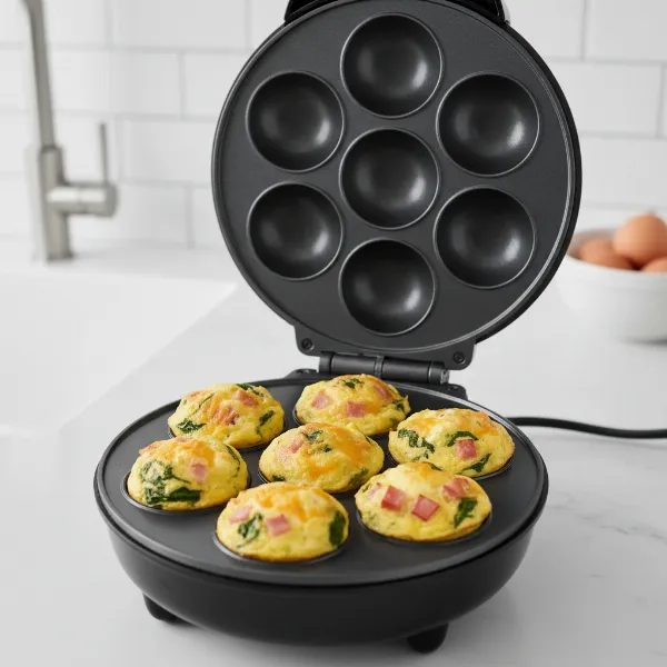 Mini omelet bites cooking in a cake maker with various fillings for breakfast