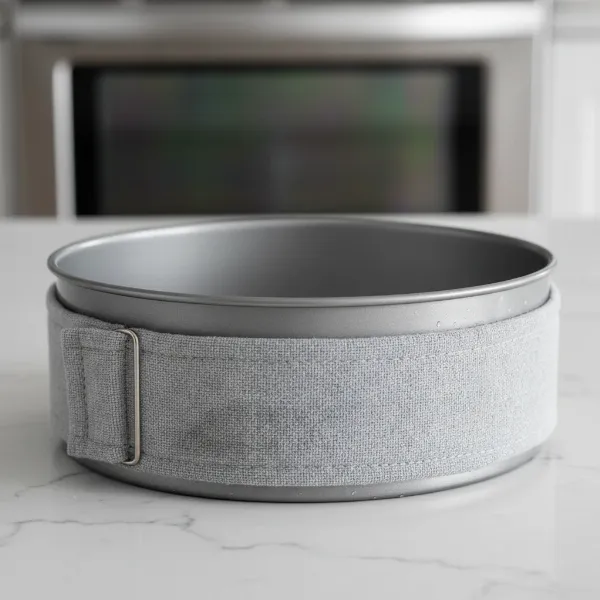 A round cake pan with wet cake strips wrapped around its exterior, ready for baking.