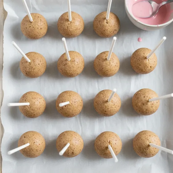 Chilled cake balls with lollipop sticks inserted, set on parchment paper, ready for dipping.