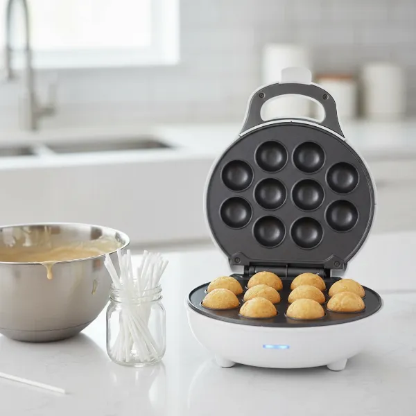 Electric cake pop maker with open lid, revealing freshly baked, perfectly round cake pops inside the molds.