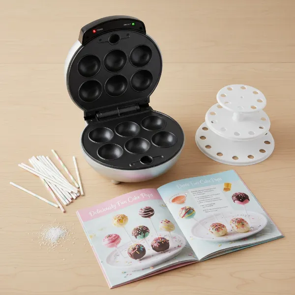 Cake pop maker with included accessories like sticks, stand, and recipe book, highlighting user-friendly features.