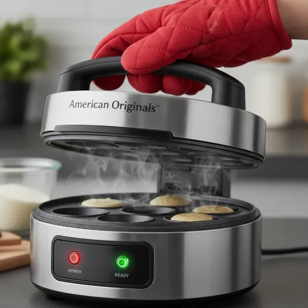 Close-up of an American Originals cake pop maker showing indicator lights and cool-touch handle.