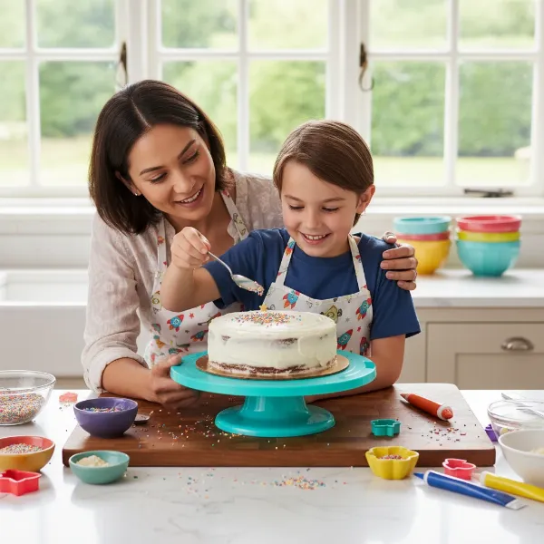 Child decorating a cake with frosting and sprinkles under adult supervision.