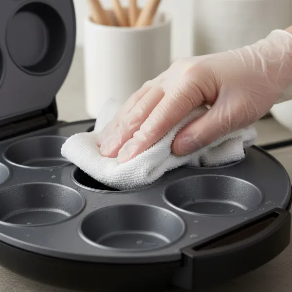 Hand wiping the non-stick plates of a cooled Babycakes mini cupcake maker with a damp cloth.