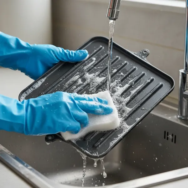 Hands washing a non-stick removable baking plate from a cake maker with soap and sponge.