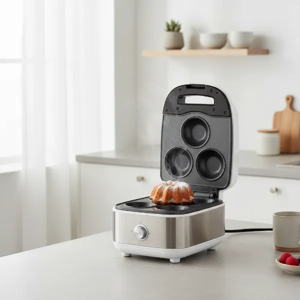A compact cake maker on a small kitchen counter, baking a mini cake quickly.