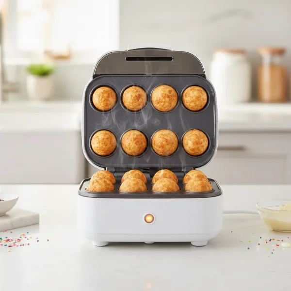 Close-up of a compact electric cake pop maker with open lid and perfectly baked cake pops inside.