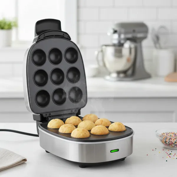 Compact electric cake pop maker baking golden-brown cake pops effortlessly in kitchen