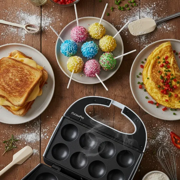 Variety of dishes including grilled sandwiches, cake pops, and omelets cooked with a multi-baker.