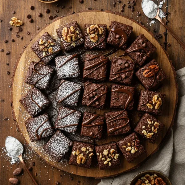 Assortment of decorated brownie bites on a serving platter with various toppings.