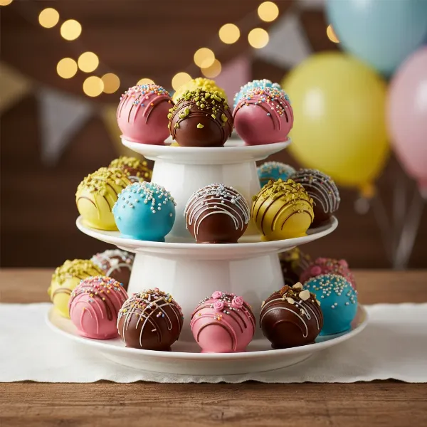 Variety of colorful, creatively decorated cake pops on sticks, displayed on a cake pop stand.
