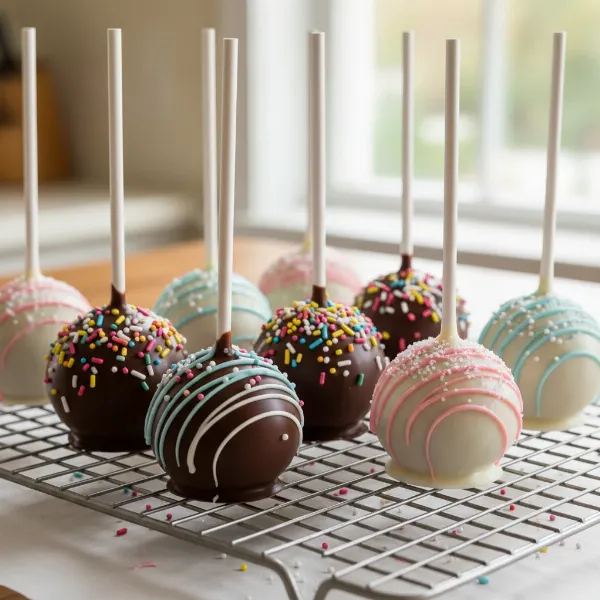 Deliciously decorated cake pops with sticks, cooling on a wire rack, ready for serving.