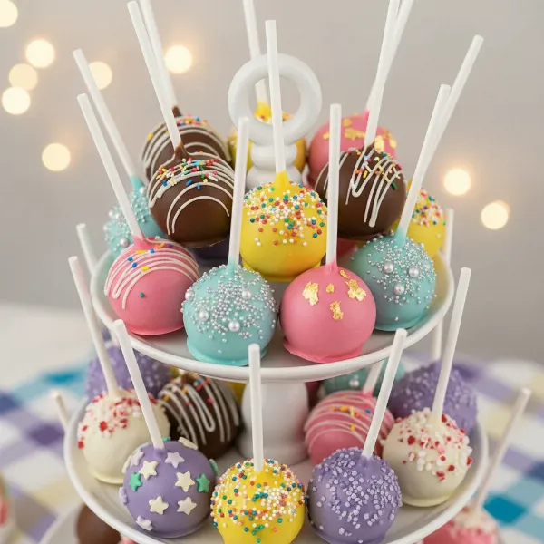 Assortment of beautifully decorated cake pops on sticks, ready for a party or celebration.