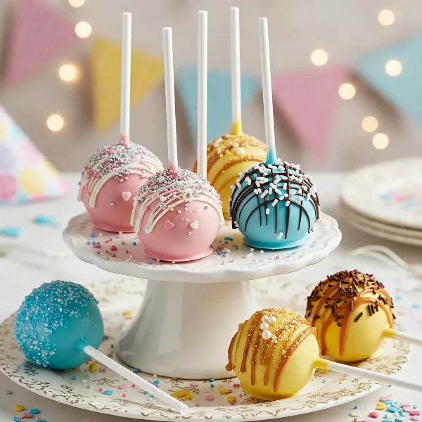 Assortment of colorful, decorated cake pops with sprinkles and drizzles on lollipop sticks.