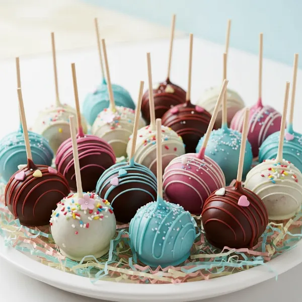 Assortment of colorful cake pops on sticks, decorated with sprinkles and frosting, showcasing their charm.