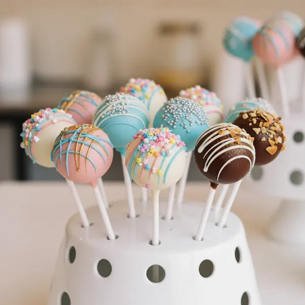 Assorted decorated cake pops with colorful sprinkles on sticks, arranged attractively.