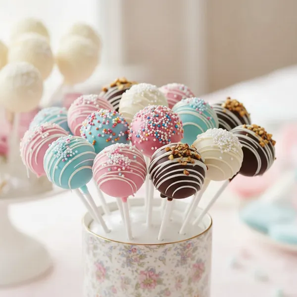 Assortment of colorful, decorated cake pops with sprinkles and chocolate drizzle.
