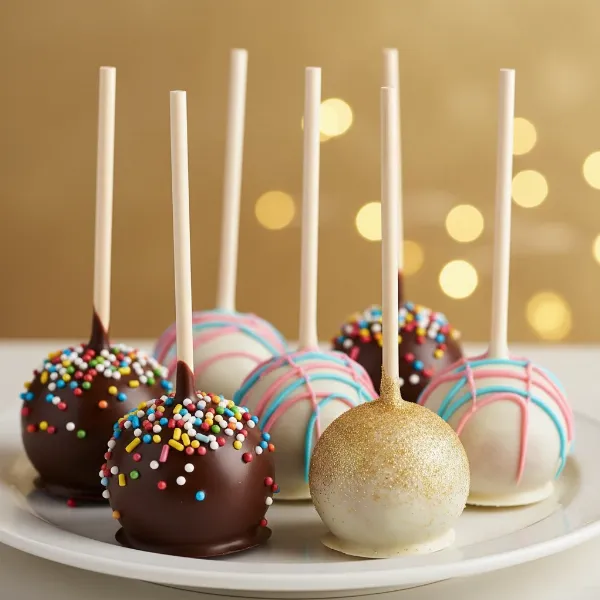 Assortment of colorful, frosted and decorated cake pops on sticks, displayed on a platter