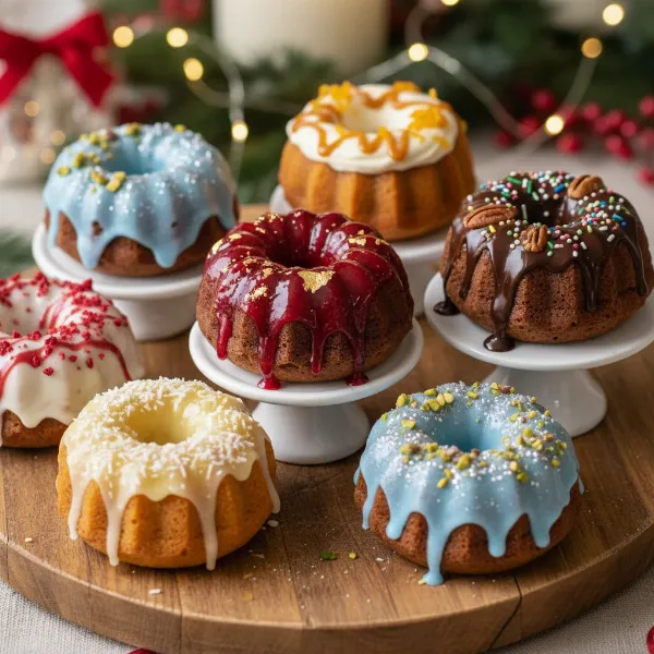 Assortment of beautifully decorated mini bundt cakes with various glazes and toppings.