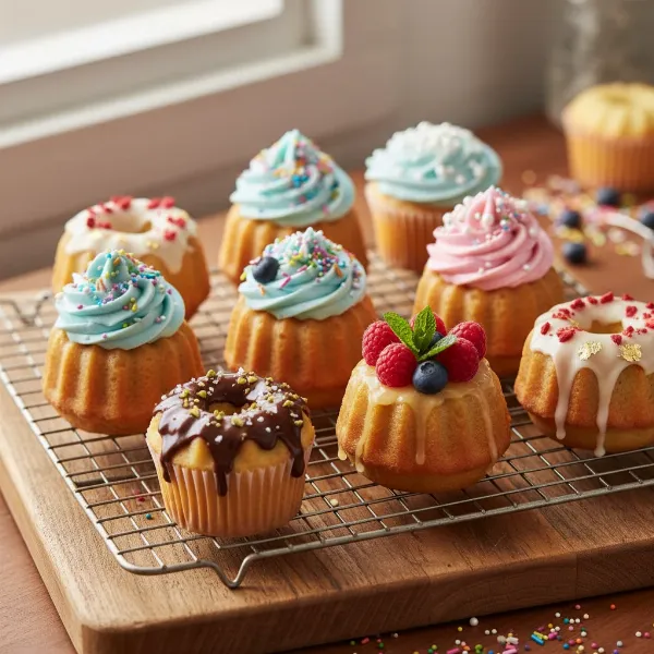 Assortment of colorful mini cakes and cupcakes, beautifully decorated with frostings and sprinkles.
