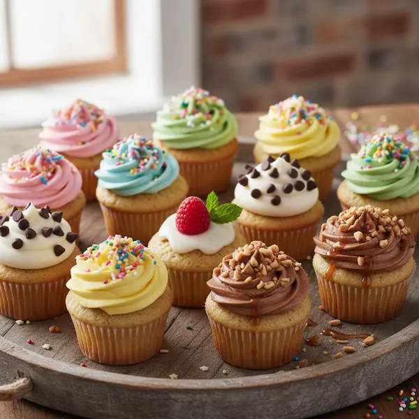 Assortment of beautifully decorated mini cupcakes with colorful frosting, sprinkles, and fruit on a tray.