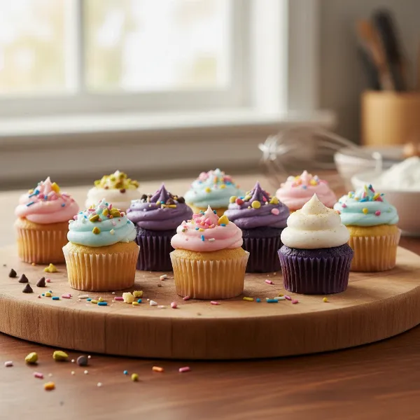 Assortment of colorful, decorated mini cupcakes arranged on a plate, highlighting portion control and fun baking.