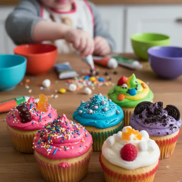 Assortment of colorful mini cupcakes decorated by children with frosting and sprinkles