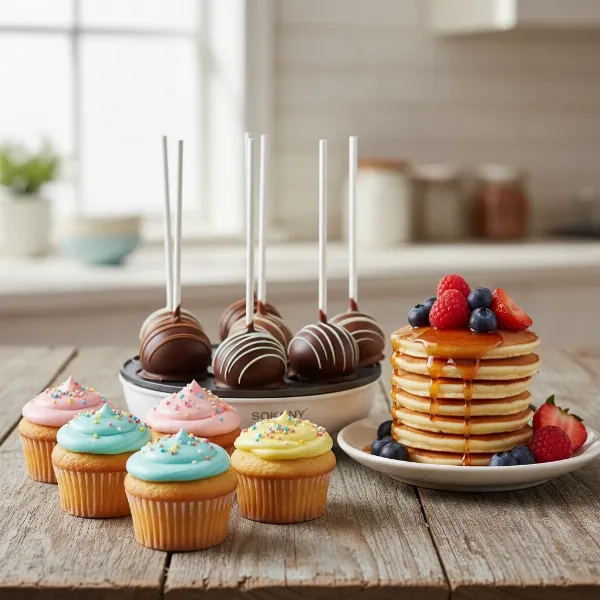 Assortment of beautifully decorated mini cakes, cupcakes, and pop cakes made with a Sokany electric cake maker.