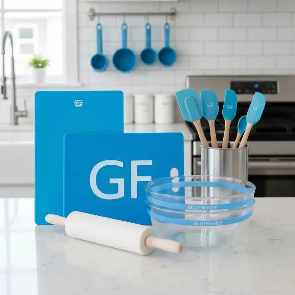 A collection of clearly labeled, dedicated gluten-free kitchen utensils and bakeware for safe preparation