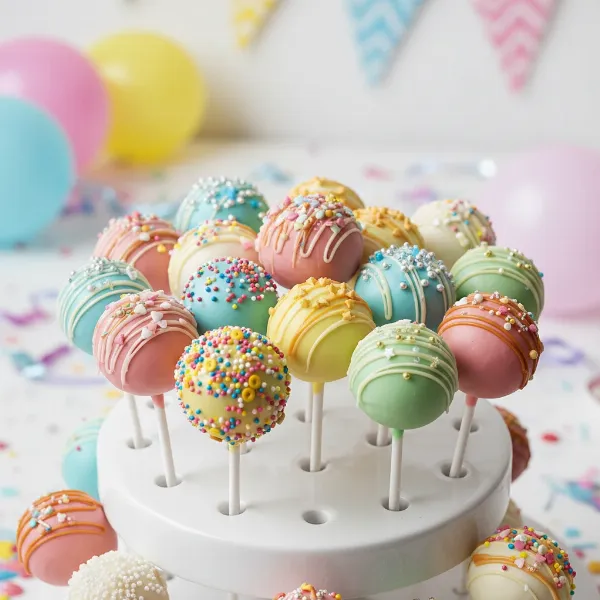 Assortment of colorful and deliciously decorated cake pops on sticks