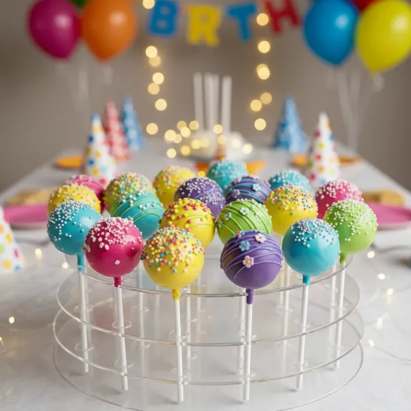 Assorted delicious cake pops, beautifully decorated with sprinkles and frosting, displayed on sticks.